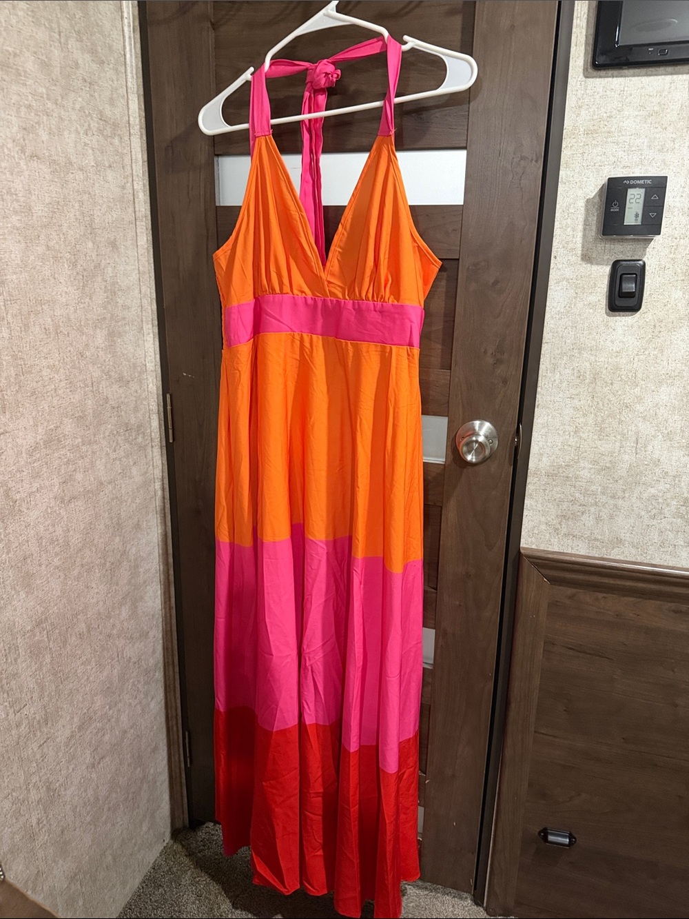 SHEIN Orange & Pink Colorblock Halter Maxi Dress